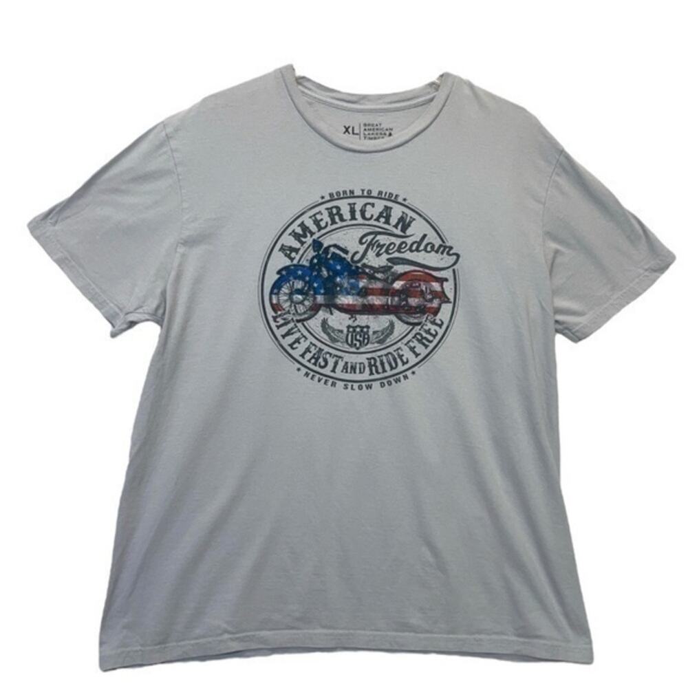 Great American Lakes & Timber Motorcycle Graphic T Shirt XL USA Flag Gray Cotton